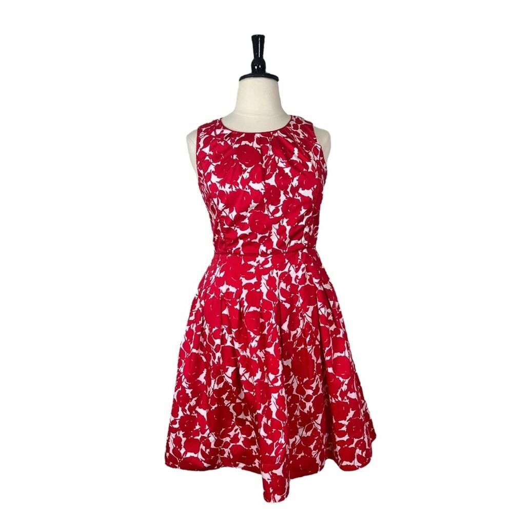 Talbots Fit Flare Dress Pleated Sleeveless Red White Floral Women’s Plus Size 14